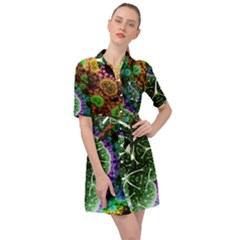 Digital Art Fractal Abstract Artwork 3d Floral Pattern Waves Vortex Sphere Nightmare Belted Shirt Dress by Cemarart