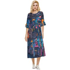 Wallet City Art Graffiti Double Cuff Midi Dress by Bedest