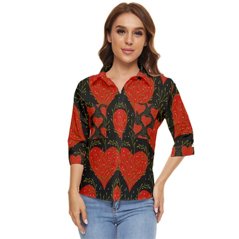 Love Hearts Pattern Style Women s Quarter Sleeve Pocket Shirt by Grandong