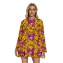 Blooming Flowers Of Orchid Paradise Round Neck Long Sleeve Bohemian Style Chiffon Mini Dress View1