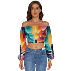 Starry Night Wanderlust: A Whimsical Adventure Long Sleeve Crinkled Weave Crop Top by stine1