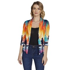 Starry Night Wanderlust: A Whimsical Adventure Women s Draped Front 3/4 Sleeve Shawl Collar Jacket by stine1