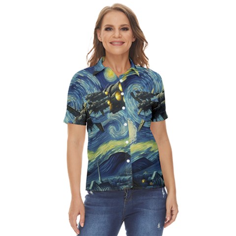 Spaceship Starry Night Van Gogh Painting Women s Short Sleeve Double Pocket Shirt by Maspions