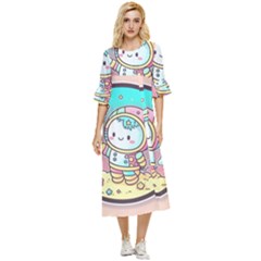 Boy Astronaut Cotton Candy Childhood Fantasy Tale Literature Planet Universe Kawaii Nature Cute Clou Double Cuff Midi Dress by Maspions