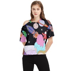 Girl Bed Space Planets Spaceship Rocket Astronaut Galaxy Universe Cosmos Woman Dream Imagination Bed One Shoulder Cut Out T-shirt by Maspions