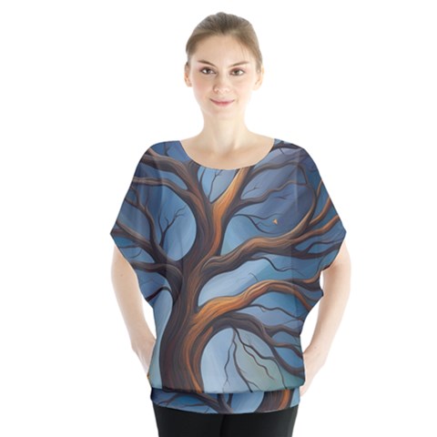 Tree Branches Mystical Moon Expressionist Oil Painting Acrylic Painting Abstract Nature Moonlight Ni Batwing Chiffon Blouse by Maspions