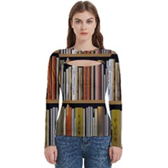 Book Nook Books Bookshelves Comfortable Cozy Literature Library Study Reading Reader Reading Nook Ro Women s Cut Out Long Sleeve T-shirt by Maspions