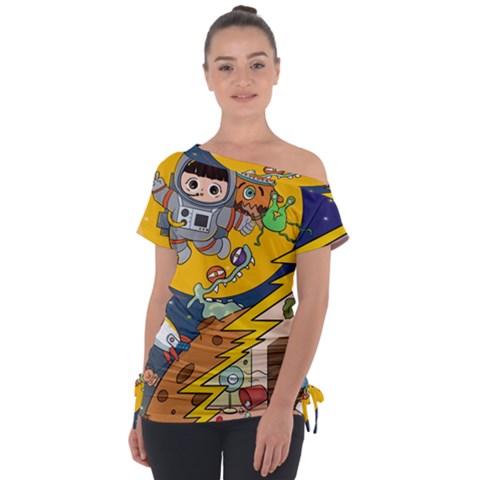 Astronaut Moon Monsters Spaceship Universe Space Cosmos Off Shoulder Tie-up T-shirt by Maspions