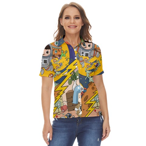 Astronaut Moon Monsters Spaceship Universe Space Cosmos Women s Short Sleeve Double Pocket Shirt by Maspions