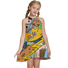 Astronaut Moon Monsters Spaceship Universe Space Cosmos Kids  Halter Collar Waist Tie Chiffon Dress by Maspions