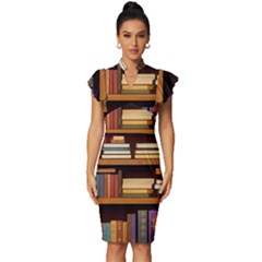 Book Nook Books Bookshelves Comfortable Cozy Literature Library Study Reading Room Fiction Entertain Vintage Frill Sleeve V-neck Bodycon Dress by Maspions