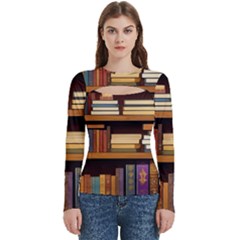 Book Nook Books Bookshelves Comfortable Cozy Literature Library Study Reading Room Fiction Entertain Women s Cut Out Long Sleeve T-shirt by Maspions