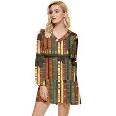 Books Bookshelves Library Fantasy Apothecary Book Nook Literature Study Tiered Long Sleeve Mini Dress by Grandong