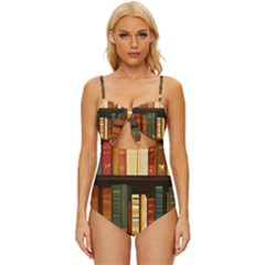 Books Bookshelves Library Fantasy Apothecary Book Nook Literature Study Knot Front One-piece Swimsuit by Grandong