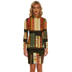 Books Bookshelves Library Fantasy Apothecary Book Nook Literature Study Long Sleeve Shirt Collar Bodycon Dress by Grandong