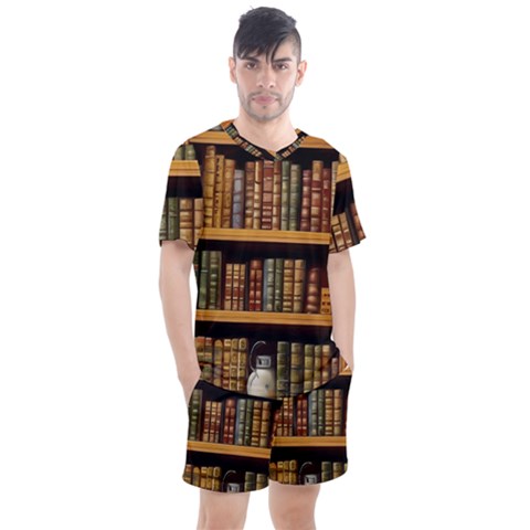 Room Interior Library Books Bookshelves Reading Literature Study Fiction Old Manor Book Nook Reading Men s Mesh T-shirt And Shorts Set by Grandong