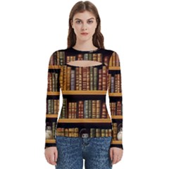 Room Interior Library Books Bookshelves Reading Literature Study Fiction Old Manor Book Nook Reading Women s Cut Out Long Sleeve T-shirt by Grandong