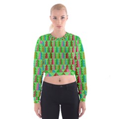 Trees Pattern Retro Pink Red Yellow Holidays Advent Christmas Cropped Sweatshirt by Maspions