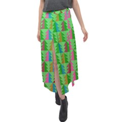 Trees Pattern Retro Pink Red Yellow Holidays Advent Christmas Velour Split Maxi Skirt by Maspions