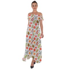 Background Pattern Flowers Design Leaves Autumn Daisy Fall Off Shoulder Open Front Chiffon Dress by Maspions