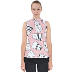 Cute Cats Cartoon Seamless-pattern Mock Neck Shell Top by Apen