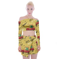 Childish Seamless Pattern With Dino Driver Off Shoulder Top With Mini Skirt Set by Apen