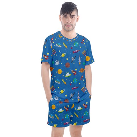 Space Rocket Solar System Pattern Men s Mesh T-shirt And Shorts Set by Apen