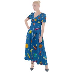 Space Rocket Solar System Pattern Button Up Short Sleeve Maxi Dress by Apen