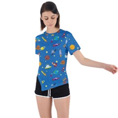 Space Rocket Solar System Pattern Asymmetrical Short Sleeve Sports T-shirt by Apen