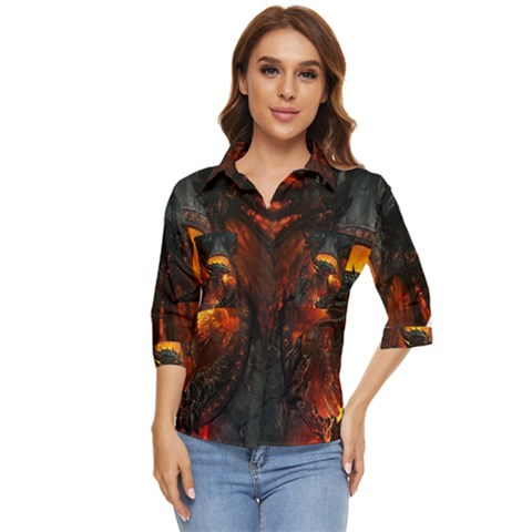 Dragon Fire Fantasy Art Women s Quarter Sleeve Pocket Shirt by Maspions