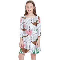 Seamless Pattern Coconut Piece Palm Leaves With Pink Hibiscus Kids  Quarter Sleeve Skater Dress by Apen