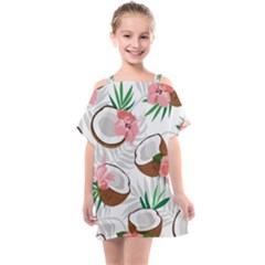 Seamless Pattern Coconut Piece Palm Leaves With Pink Hibiscus Kids  One Piece Chiffon Dress by Apen