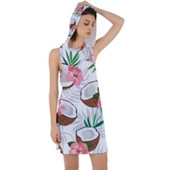 Seamless Pattern Coconut Piece Palm Leaves With Pink Hibiscus Racer Back Hoodie Dress by Apen