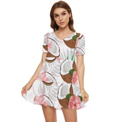 Seamless Pattern Coconut Piece Palm Leaves With Pink Hibiscus Tiered Short Sleeve Babydoll Dress by Apen