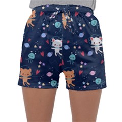 Cute Astronaut Cat With Star Galaxy Elements Seamless Pattern Sleepwear Shorts by Apen