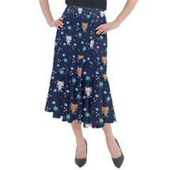 Cute Astronaut Cat With Star Galaxy Elements Seamless Pattern Midi Mermaid Skirt by Apen