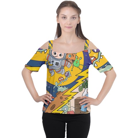 Astronaut Moon Monsters Spaceship Universe Space Cosmos Cutout Shoulder T-shirt by Maspions