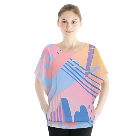 Abstract Lines Dots Pattern Purple Pink Blue Batwing Chiffon Blouse by Maspions