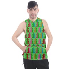 Trees Pattern Retro Pink Red Yellow Holidays Advent Christmas Men s Sleeveless Hoodie by Maspions