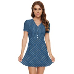 Plaid Background Blue V-neck High Waist Chiffon Mini Dress by Askadina