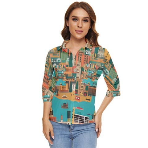 City Painting Town Urban Artwork Women s Quarter Sleeve Pocket Shirt by Maspions