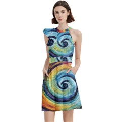 Cosmic Rainbow Quilt Artistic Swirl Spiral Forest Silhouette Fantasy Cocktail Party Halter Sleeveless Dress With Pockets by Maspions