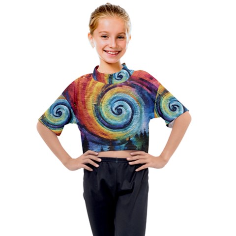 Cosmic Rainbow Quilt Artistic Swirl Spiral Forest Silhouette Fantasy Kids Mock Neck T-shirt by Maspions