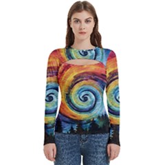 Cosmic Rainbow Quilt Artistic Swirl Spiral Forest Silhouette Fantasy Women s Cut Out Long Sleeve T-shirt by Maspions