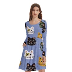 Cat Cat Background Animals Little Cat Pets Kittens Long Sleeve Knee Length Skater Dress With Pockets by Maspions