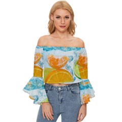 Fruits, Fruit, Lemon, Lime, Mandarin, Water, Orange Off Shoulder Flutter Bell Sleeve Top by nateshop