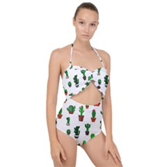 Cactus Plants Background Pattern Seamless Scallop Top Cut Out Swimsuit by Maspions