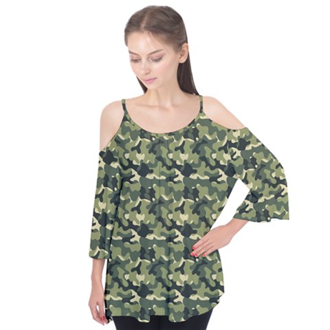 Camouflage Pattern Flutter Sleeve T-shirt  by goljakoff