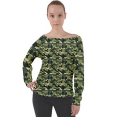 Camouflage Pattern Off Shoulder Long Sleeve Velour Top by goljakoff