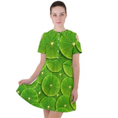 Lime Textures Macro, Tropical Fruits, Citrus Fruits, Green Lemon Texture Short Sleeve Shoulder Cut Out Dress  by nateshop